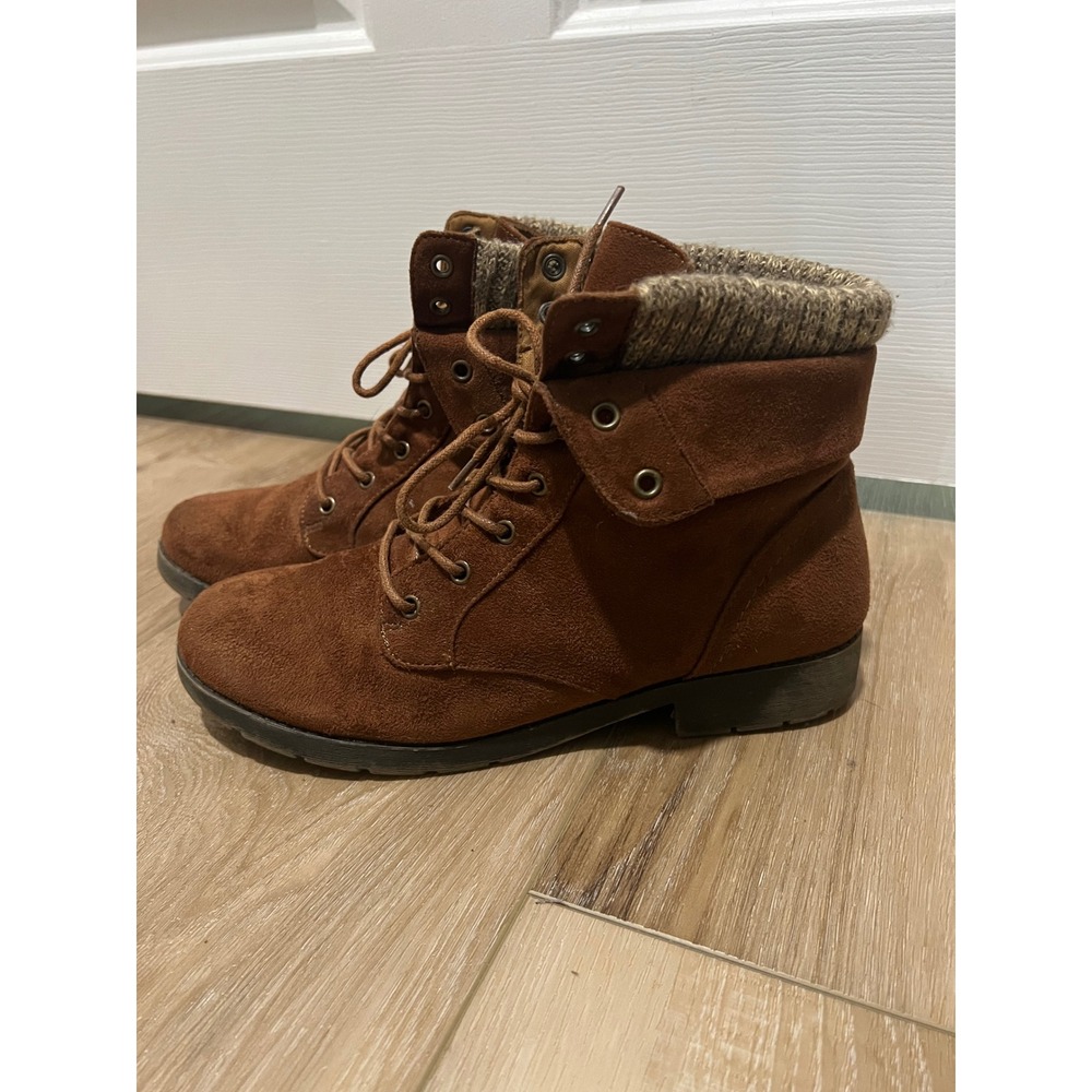 Arizona Jean Co Yetta Womens Cognac Brown Faux Suede Knit Collar Ankle Boots 9.5 - Picture 3 of 10